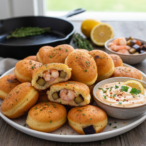 Cajun Shrimp and Eggplant Beignets with Zesty Remoulade Dip recipe