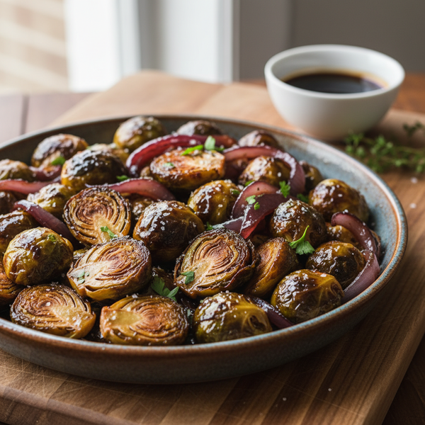 Caramelized Balsamic Roasted Brussels Sprouts with Red Onions recipe