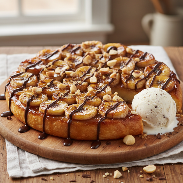 Caramelized Banana Tart Tatin with Macadamia Crunch and Dark Chocolate Drizzle recipe