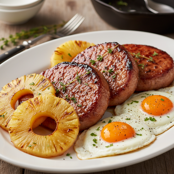 Caramelized Gammon Steaks with Grilled Pineapple and Fried Eggs recipe