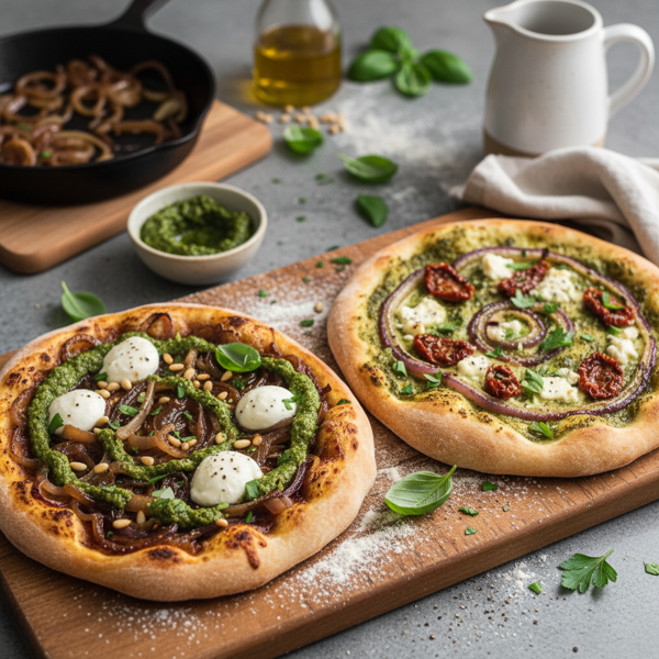 Caramelized Onion and Pesto Delight Pizzas recipe