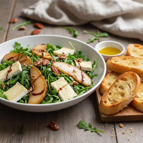 Caramelized Pear & Camembert Rocket Salad with Toasted Baguette recipe