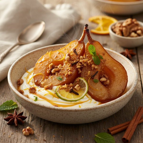 Caramelized Pears with Spiced Walnut Crunch and Citrus Yogurt recipe