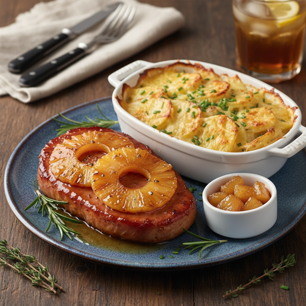 Caramelized Pineapple Ham Steak with Creamy Chive Potato Bake recipe