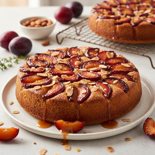 Caramelized Plum Almond Upside-Down Cake recipe