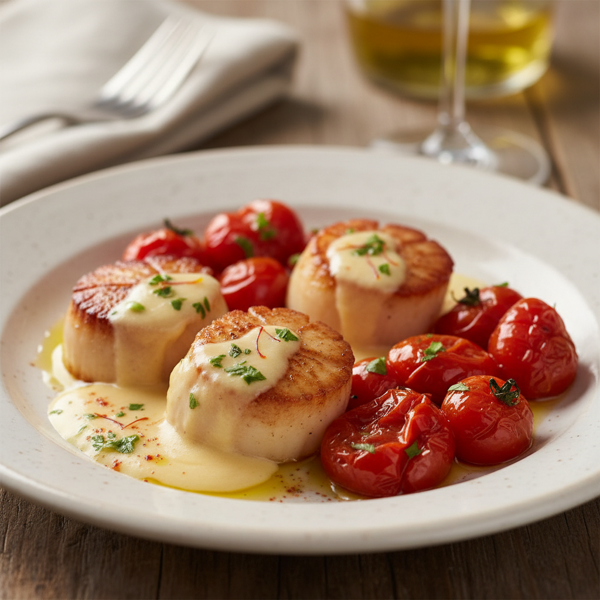 Catalan-Style Scallops with Luscious Garlic Cream and Sweet Tomato Confit recipe