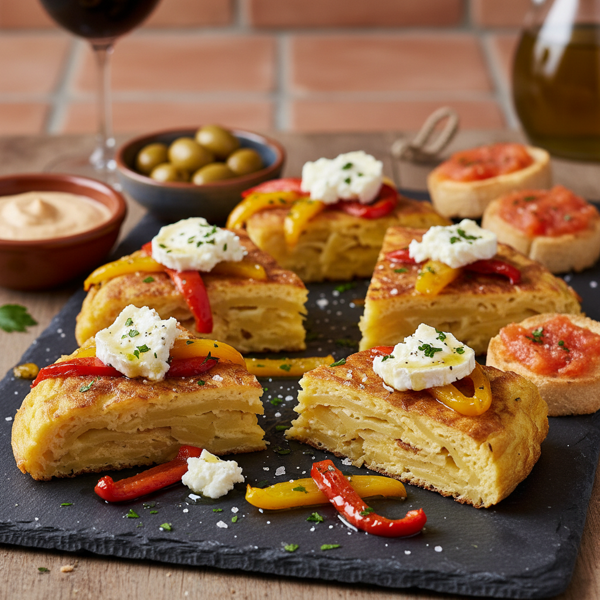 Catalan Potato Omelette Tapa with Roasted Peppers & Goat Cheese recipe