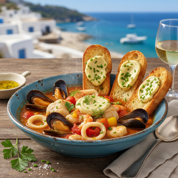 Charming Coastal Seafood Stew with Garlic Rouille Croutons recipe