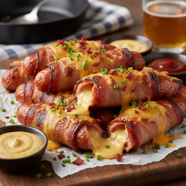 Cheesy Bacon-Wrapped Frankfurters recipe