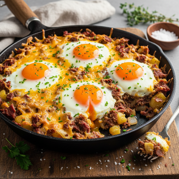 Cheesy Baked Corned Beef Hash with Eggs recipe