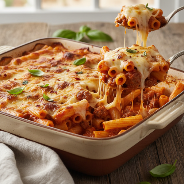 Cheesy Baked Mostaccioli Deluxe recipe