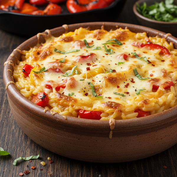 Cheesy Baked Orzo with Roasted Peppers recipe