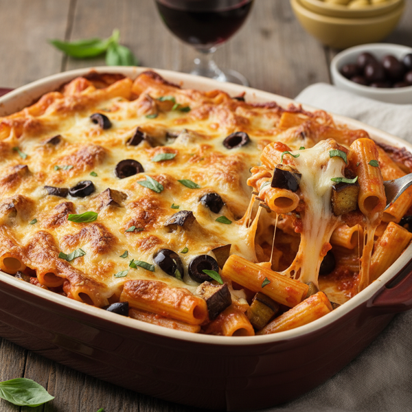 Cheesy Baked Rigatoni with Eggplant and Olives recipe