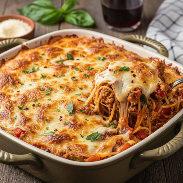Cheesy Baked Turkey Spaghetti Casserole recipe