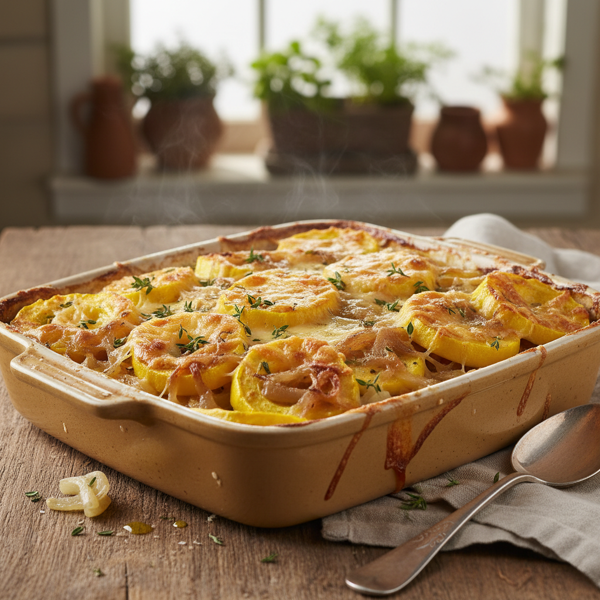 Cheesy Baked Yellow Squash with Caramelized Onions recipe