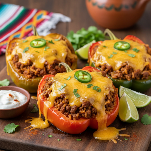 Cheesy Beef & Spanish Rice Stuffed Bell Peppers recipe