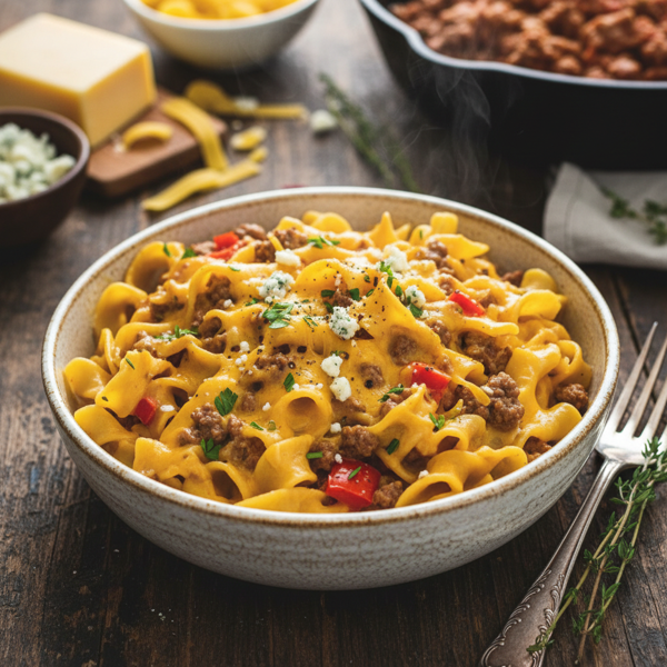 Cheesy Beef and Egg Noodle Delight recipe