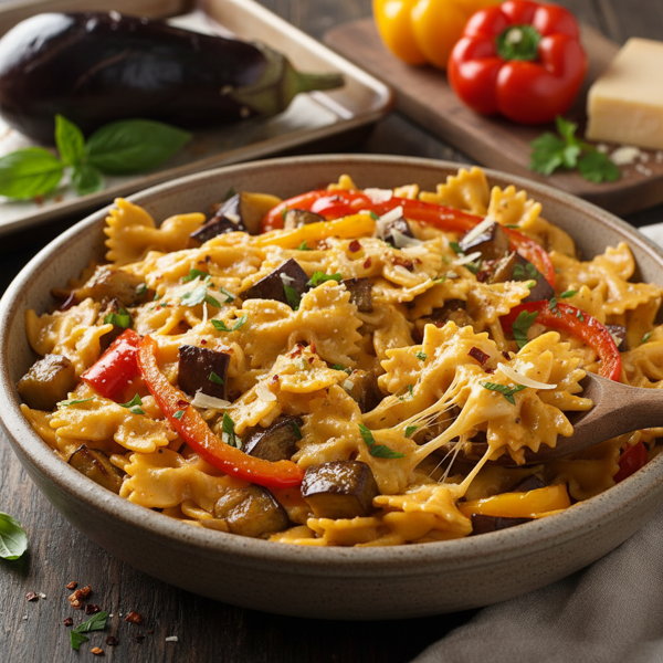 Cheesy Bow Ties with Roasted Eggplant and Peppers recipe