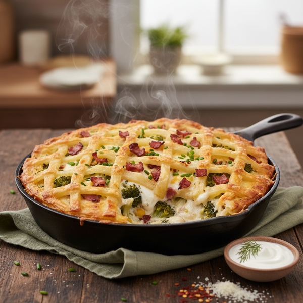 Cheesy Broccoli Bacon Bake with Crispy Potato Crust recipe