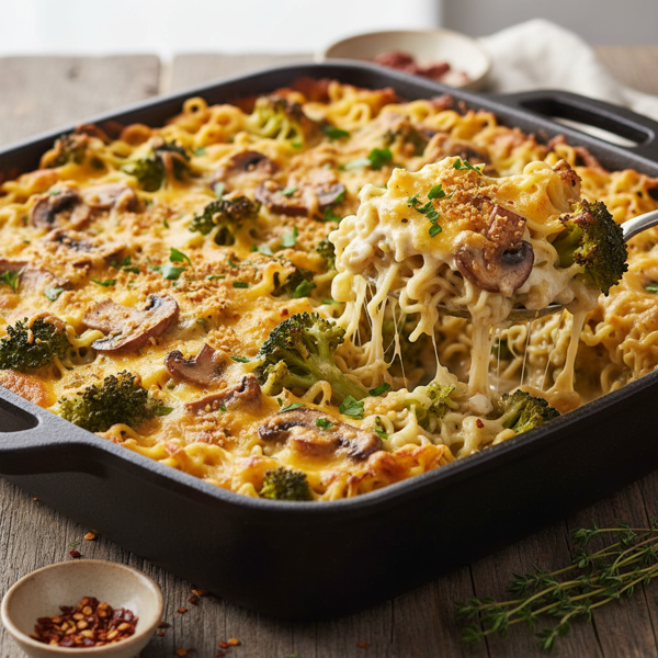 Cheesy Broccoli Mushroom Bake with Ramen recipe