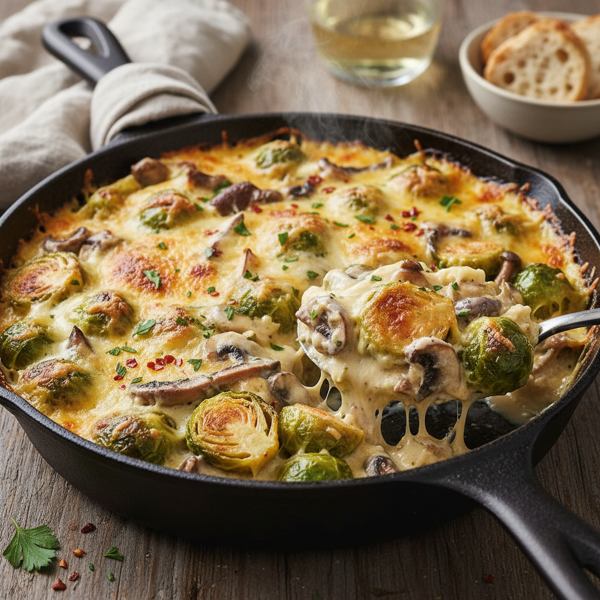 Cheesy Brussels Sprouts and Mushroom Bake recipe