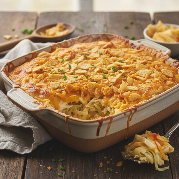 Cheesy Cabbage Bake with Crispy Potato Chip Topping recipe