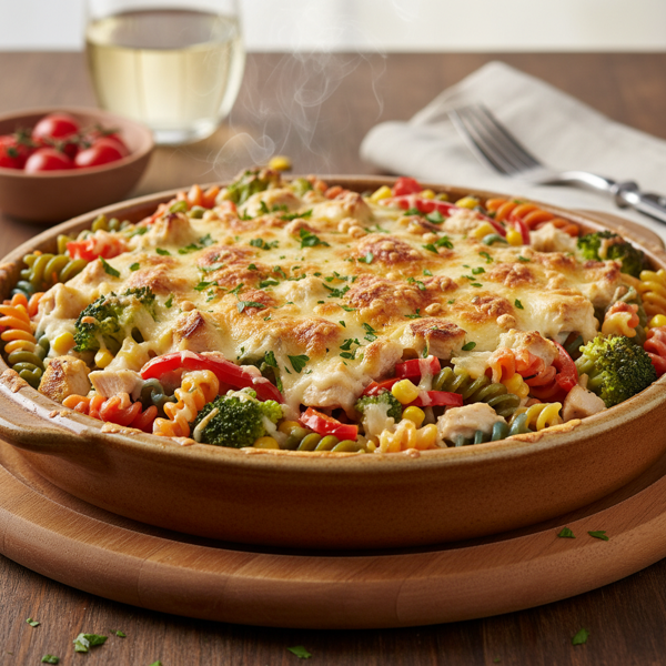 Cheesy Chicken & Broccoli Rainbow Pasta Bake recipe