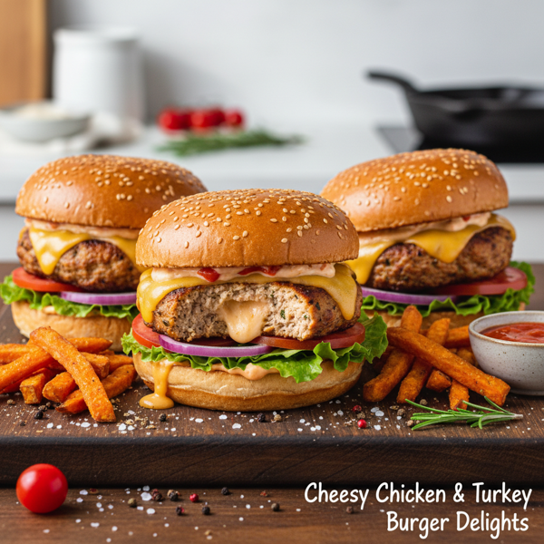 Cheesy Chicken & Turkey Burger Delights recipe