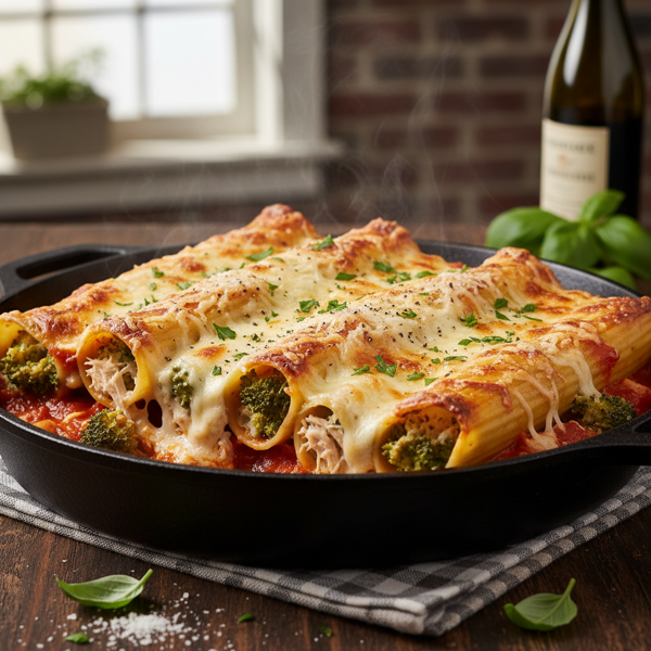 Cheesy Chicken and Broccoli Manicotti Bake recipe