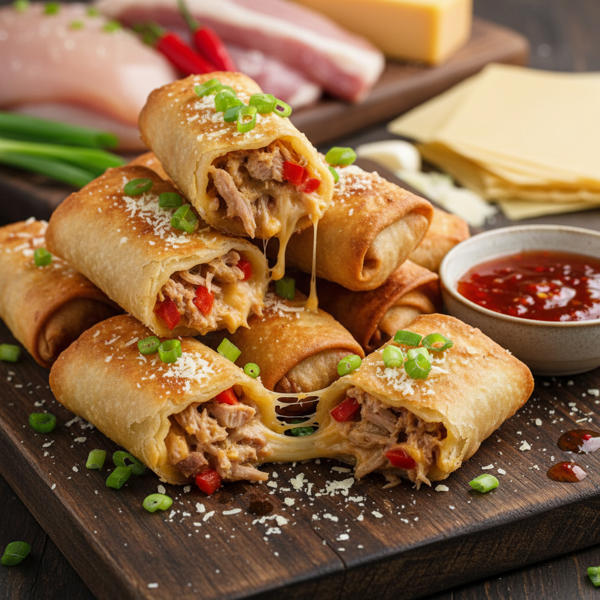 Cheesy Chicken and Pork Egg Rolls recipe