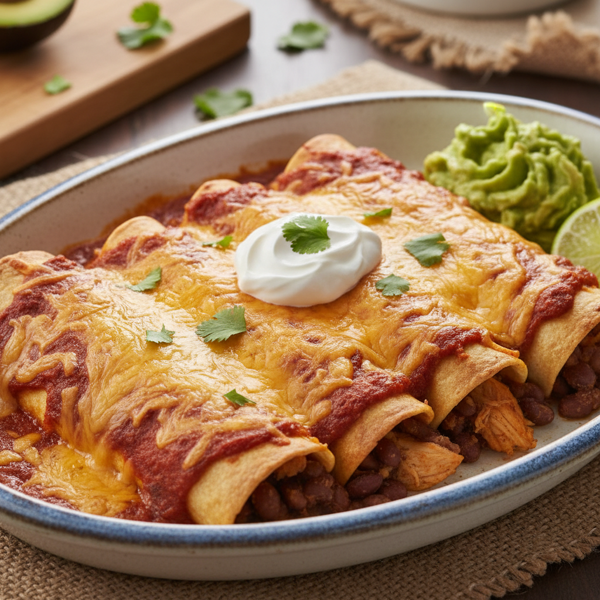 Cheesy Chicken and Refried Bean Enchiladas recipe