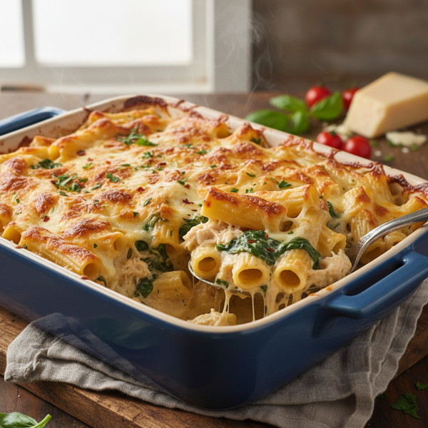 Cheesy Chicken and Spinach Rigatoni Bake recipe