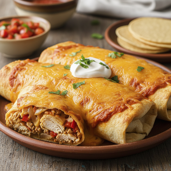 Cheesy Chicken and Turkey Enchilada Burritos recipe