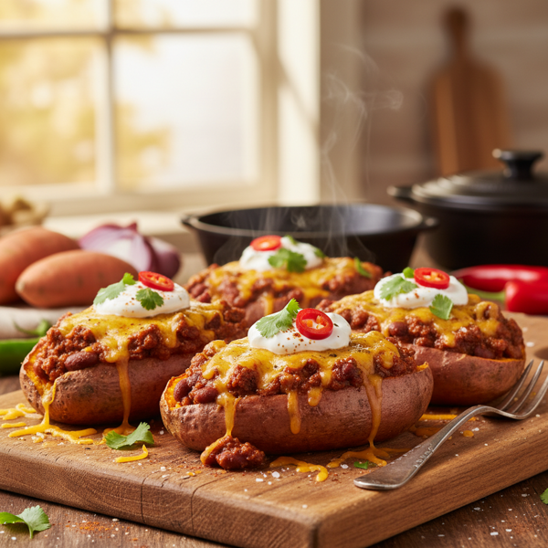 Cheesy Chili-Stuffed Sweet Potatoes recipe
