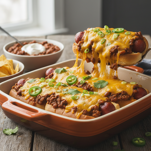 Cheesy Chili Baked Hot Dogs recipe