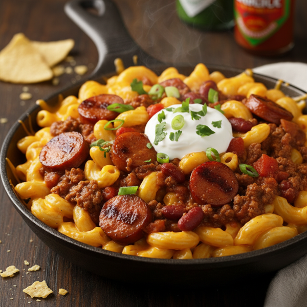 Cheesy Chili Mac & Dogs Delight recipe