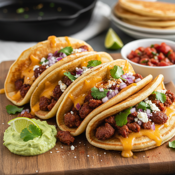 Cheesy Chorizo Pancake Tacos recipe