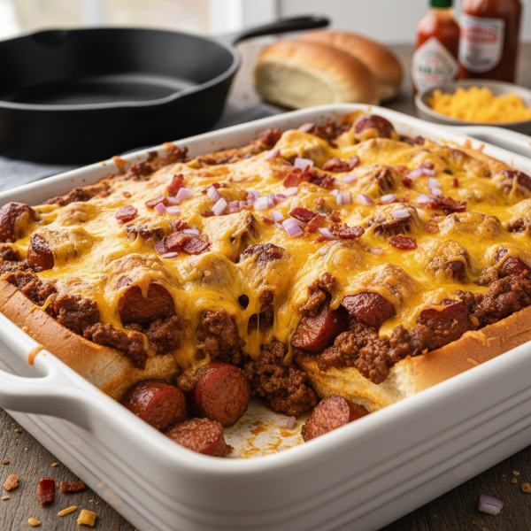 Cheesy Coney Island Chili Dog Bake recipe