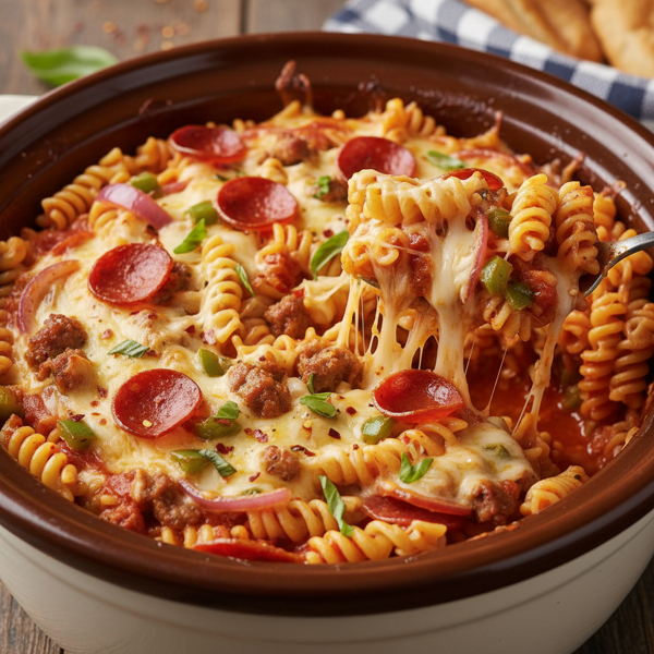 Cheesy Crock Pot Pizza Pasta Bake recipe
