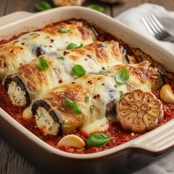 Cheesy Eggplant Rollatini with Roasted Garlic recipe