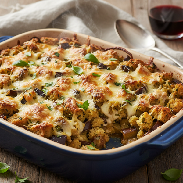 Cheesy Eggplant and Herb Stuffing Bake recipe