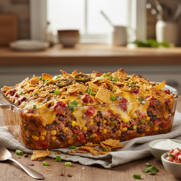 Cheesy Fiesta Bake with Crunchy Toppings recipe