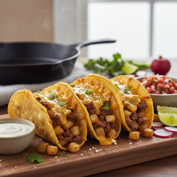 Cheesy Fried Beef and Potato Tacos recipe