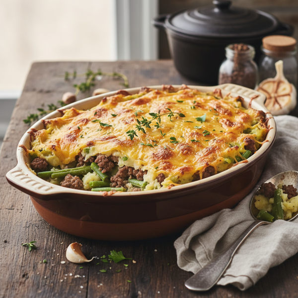 Cheesy Green Bean & Beef Mash Bake recipe