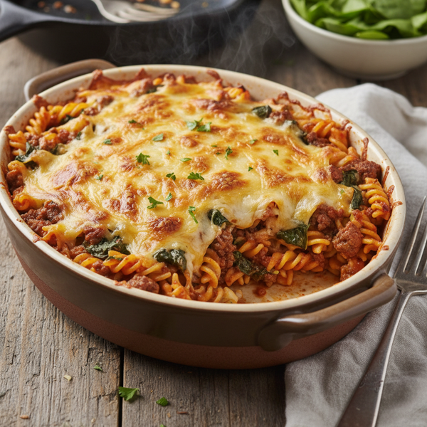 Cheesy Ground Beef and Spinach Pasta Casserole recipe