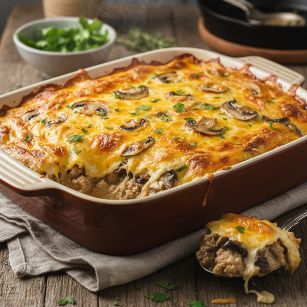 Cheesy Ground Chicken and Mushroom Casserole recipe