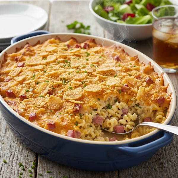 Cheesy Ham & Noodle Crunch Casserole recipe