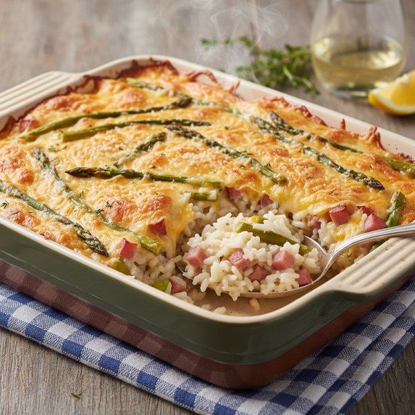 Cheesy Ham and Asparagus Rice Bake recipe