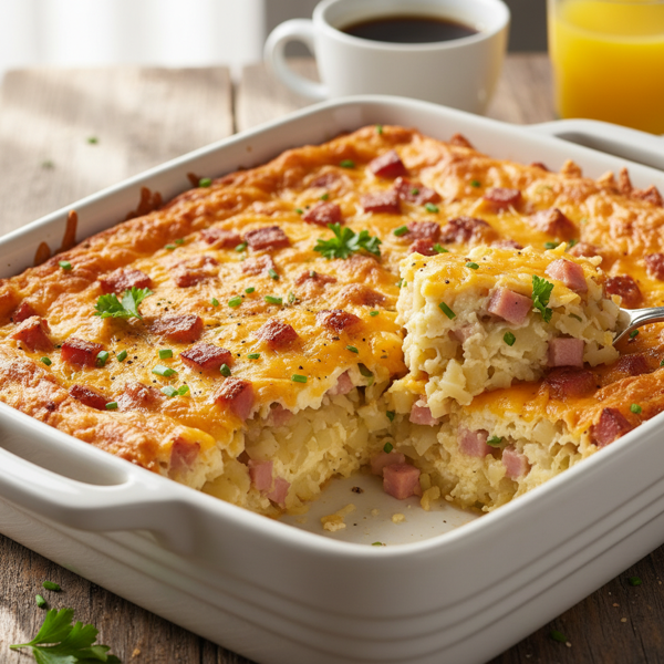 Cheesy Ham and Hash Brown Breakfast Casserole recipe