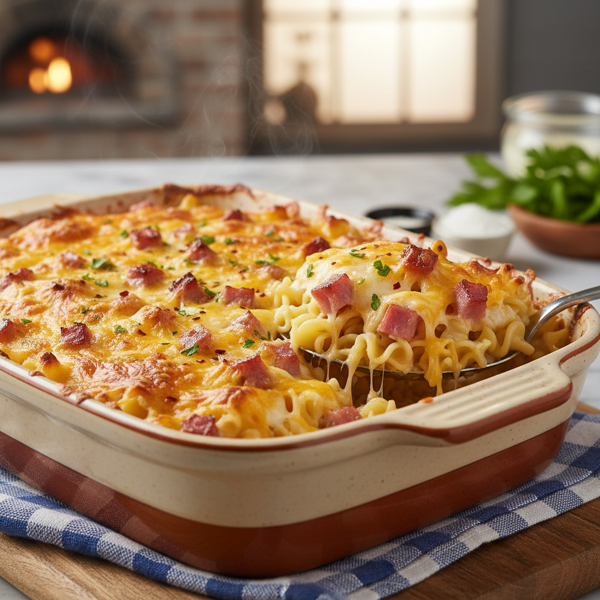 Cheesy Ham and Noodle Delight Casserole recipe